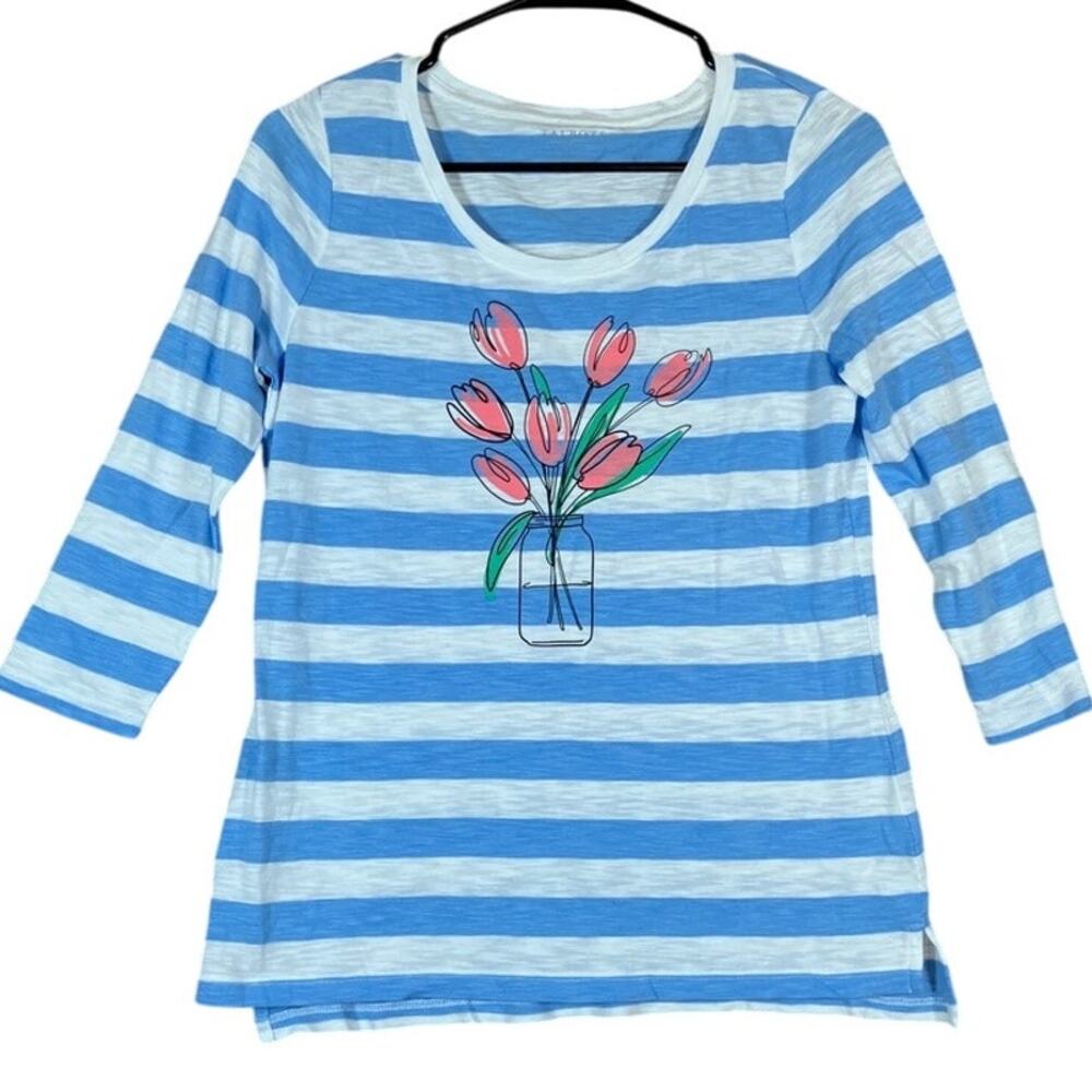Talbots Womens Shirt Blue White Striped Petite 3/4 Sleeve Cotton Blend PS